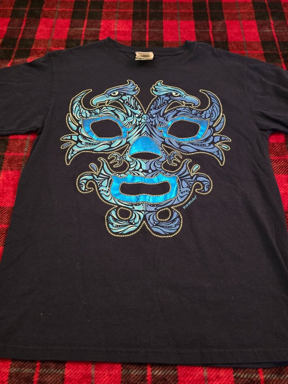 Karani Art Mexican Tribal Mask Graphic T-Shirt Navy Blue M